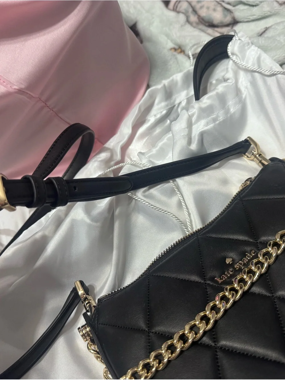 kate spade Black Quilted Leather Crescent Crossbody with Gold Chain